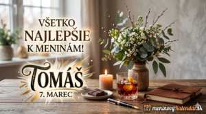 <img src="cesta-k-obrazku.jpg"
alt="Elegantné blahoželanie k meninám pre Tomáša, 7. marec. Na drevenom stole je kytica kvetov, pohár whisky, čokoláda a štýlový nápis Všetko najlepšie s logom meninovyKalendar.sk"
title="Blahoželanie k meninám - Tomáš">