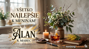 <img src="meninove-prianie-alan.jpg" alt="Štýlové meninové blahoželanie pre Alana na 8. marec. Na drevenom stole je kytica jarných kvetov, pohár s drinkom, čokoláda a elegantný nápis s logom meninovyKalendar.sk" title="Blahoželanie k meninám - Alan">