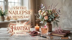<img src="meninove-prianie-frantiska.jpg" alt="Štýlové meninové blahoželanie pre Františku na 9. marec v jemných ružových a pastelových tónoch. Na stole je kytica ruží, pohár s ružovým drinkom, čokoláda a elegantný nápis s logom meninovyKalendar.sk" title="Blahoželanie k meninám - Františka"> 