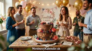 <img src="prianie-frantiska.jpg"
alt="Čokoládová torta zdobená ružovými kvetmi s nápisom Františka 9. Marec na pozadí s oslavujúcimi priateľmi a odkazom MeninovýKalendár.sk"
width="100%">