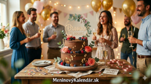 <img src="prianie-bruno.jpg" alt="Narodeninová čokoládová torta s nápisom Bruno 10. Marec, v pozadí veselá skupina ľudí s balónmi a v spodnej časti webová adresa MeninovýKalendár.sk" width="100%">