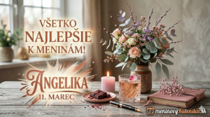 <img src="meninove-prianie-angelika.jpg" alt="Elegantné a ženské blahoželanie k meninám pre Angeliku na 11. marec. Obrázok v jemných pastelových tónoch s kyticou kvetov, sviečkou, ružovým drinkom a logom meninovyKalendar.sk" title="Blahoželanie k meninám - Angelika">