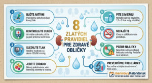 <img src="path/to/image_23.png" alt="Infografika '8 zlatých pravidiel pre zdravé obličky'. Zoznam 8 pravidiel: 1. BUĎTE AKTÍVNI: Pravidelný pohyb znižuje krvný tlak. 2. KONTROLUJTE CUKOR: Ak máte cukrovku, držte ju pod prísnou kontrolou. 3. SLEDUJTE TLAK: Ideálne hodnoty sú okolo 120/80 mmHg. 4. JEDZTE ZDRAVO: Menej polotovarov, viac čerstvej zeleniny a ovocia. 5. PITE S MIEROU: Nenalievajte sa zbytočne, 1,5 – 2 litre vody sú základ. 6. NEFAJČITE: Cievy v obličkách vám poďakujú. 7. POZOR NA LIEKY: Nejedzte voľnopredajné lieky ako cukríky. Poraďte sa s lekárom. 8. PREVENTÍVNE PREHLIADKY: Raz ročne si dajte skontrolovať moč a krv. Dole je logo meninvýKalendár.sk a text 'SVETOVÝ DEŇ OBLIČIEK - DRUHÝ ŠTVRTOK V MARCI'."> 