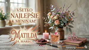 <img src="meninove-prianie-matilda.jpg" alt="Štýlové meninové blahoželanie pre Matildu na 14. marec. Elegantná kompozícia v pastelových tónoch s kyticou jarných kvetov, pohárom drinku a sviečkou na drevenom stole s logom meninovyKalendar.sk" title="Blahoželanie k meninám - Matilda"> 