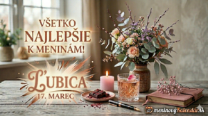 <img src="meninove-prianie-lubica.jpg" alt="Štýlové meninové blahoželanie pre Ľubicu na 17. marec. Elegantné prestieranie v jemných ženských farbách s kyticou kvetov, drinkom, čokoládou a logom meninovyKalendar.sk" title="Blahoželanie k meninám - Ľubica"> 