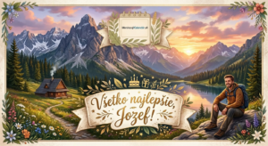 <img src="cesta-k-obrazku.jpg" alt="Digitálna pohľadnica k meninám pre Jozefa. V popredí je ozdobný banner s nápisom 'Všetko najlepšie, Jozef!'. V hornej časti je logo MeninovýKalendár.sk v tvare kalendára. Pozadie tvorí malebná horská krajina s drevenou chatou, jazerom pri západe slnka a usmievavým turistom sediacim na skale."> 