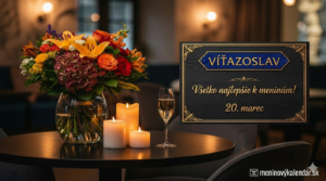 <img src="vitazoslav-20-marec-meninove-blahozelanie.jpg"
alt="Štýlové meninové blahoželanie pre meno Víťazoslav, 20. marec. Na obrázku je bohatá kytica kvetov, horiace sviečky a pohár sektu na tmavom stole. Vpravo je čierna tabuľa so zlatým písmom a nápisom Všetko najlepšie k meninám s logom meninovýkalendár.sk"
width="1280"
height="720">