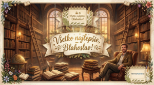 <img src="pohladnica-blahoslav.jpg" alt="Digitálna meninová pohľadnica pre Blahoslava v štýle klasickej knižnice. V strede je ozdobný banner s textom 'Všetko najlepšie, Blahoslav!'. V pravom dolnom rohu je umiestnené logo MeninovýKalendár.sk. Pozadie tvorí historická knižnica s vysokými regálmi plnými kníh, glóbusom a elegantným mužom sediacim v koženom kresle.">