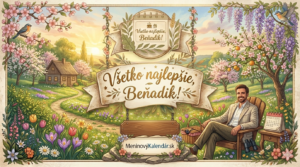 <img src="pohladnica-benadik.jpg" alt="Digitálna meninová pohľadnica pre Beňadika v štýle jarného vidieka. V strede je ozdobný banner s textom 'Všetko najlepšie, Beňadik!'. V spodnej časti je umiestnené logo MeninovýKalendár.sk. Pozadie tvorí idylická krajina s kvitnúcimi lúkami, domčekom a mužom relaxujúcim v kresle s ďalekohľadom.">