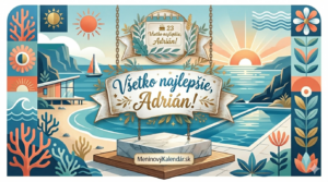 <img src="pohladnica-adrian.jpg" alt="Digitálna meninová pohľadnica pre Adriána s motívom moderného prímorského letoviska. V strede je ozgodný banner s textom 'Všetko najlepšie, Adrián!' a číslom '23'. Pozadie tvorí idylická pláž s domčekom na pilieroch, bazénom a jachtou na mori pri západe slnka. V spodnej časti je umiestnené logo MeninovýKalendár.sk.">