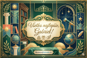 <img src="pohladnica-gabriel.jpg" alt="Elegantná digitálna pohľadnica k meninám pre Gabriela v smaragdovo-zlatej kombinácii. V strede je ozdobný barokový štít s nápisom 'Všetko najlepšie, Gabriel!'. V spodnej časti na mramorovom podstavci je logo MeninovýKalendár.sk. Pozadie tvoria symboly poznania a elegancie ako knižnica, teleskop, glóbus a antický stĺp v modernom grafickom spracovaní.">