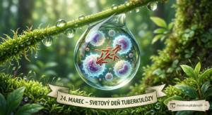 <img src="cesta-k-vasmu-obrazku.jpg"
alt="Náučná ilustrácia k Svetovému dňu tuberkulózy. Zblízka zobrazená vetvička machu s kvapkami rosy v lese. V strednej veľkej kvapke je mikroskopický pohľad na imunitnú reakciu: fialové biele krvinky (makrofágy) obklopujú a pohlcujú hnedé tyčinkovité baktérie tuberkulózy. V spodnej časti je nápis: 24. marec – Svetový deň tuberkulózy. V pravom dolnom rohu je logo meninovýKalendár.sk."
title="Svetový deň tuberkulózy - Mikroskopický svet v kvapke rosy">
