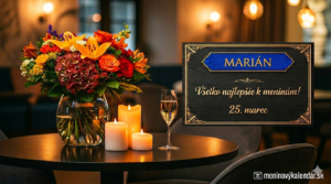 <img src="marian-25-marec-meninove-blahozelanie.jpg" 
     alt="Štýlový obrázok k meninám pre meno Marián, 25. marec. Na stole je bohatá kytica kvetov, tri horiace sviečky a pohár sektu. Vpravo je elegantná čierna tabuľa so zlatým písmom 'MARIÁN' a nápisom Všetko najlepšie k meninám! s logom meninovykalendar.sk" 
     width="1280" 
     height="720">
