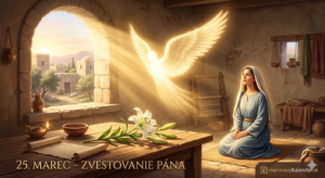 <img src="cesta-k-vasmu-obrazku.jpg"
alt="Moderná a svetlom prežiarená vizualizácia Nazaretského rána k Zvestovaniu Pána. Do skromného príbytku preniká zlatistý lúč svetla s obrysom anjelských krídel. Na stole leží rozkvitnutá biela ľalia. V spodnej časti je nápis: 25. marec – Zvestovanie Pána. V pravom dolnom rohu je logo meninovýKalendár.sk."
title="Zvestovanie Pána - Nazaretské ráno">