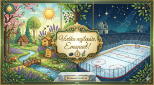 <img src="pohladnica-emanuel.jpg"
alt="Elegantná digitálna meninová pohľadnica pre Emanuela na šírku. V strede visí ozdobný zlatý štít s nápisom 'Všetko najlepšie, Emanuel!'. Obraz je rozdelený na dve polovice: ľavá zobrazuje slnečnú jarnú krajinu s rozkvitnutými čerešňami a včelínom, pravá nočný hokejový štadión pod hviezdnou oblohou s observatóriom. V popredí na mramorovom podstavci je logo MeninovýKalendár.sk.">