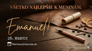<img src="emanuel-meniny.jpg" alt="Štýlové pánske blahoželanie k meninám pre Emanuela na 26. marec s rustikálnym motívom kože, pera, kávových zŕn a pergamentu v hnedých tónoch s logom MeninovýKalendár.sk" title="Blahoželanie pre Emanuela"> 