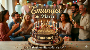 <img src="prianie-emanuel.jpg"
alt="Narodeninová čokoládová torta s nápisom Emanuel a dátumom 26. Marec, v pozadí s rozostrenou oslavou a webovým odkazom MeninovýKalendár.sk"
width="100%"
height="auto">