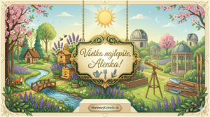 <img src="pohladnica-alenka.jpg" alt="Široká digitálna meninová pohľadnica pre Alenku v jarnom štýle. V strede visí zdobený zlatý štít s nápisom 'Všetko najlepšie, Alenka!'. Pozadie tvorí rozkvitnutá záhrada so včelínmi, potokom, altánkami a observatóriom pod jasným slnkom. V popredí na podstavci je logo MeninovýKalendár.sk.">