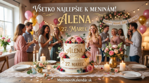 <img src="prianie-alena-27-marec.jpg" 
     alt="Elegantná viacposchodová torta zdobená kvetmi a nápismi k oslave menín pre meno Alena dňa 27. Marca, so skupinou oslavujúcich priateľov v pozadí a odkazom MeninovýKalendár.sk" 
     title="Prianie k meninám - Alena 27. Marec">

