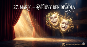 <img src="cesta-k-vasmu-obrazku.jpg"
     alt="Poetická vizualizácia Magického okamihu k Svetovému dňu divadla. Z roztvorenej červenej zamatovej opony na prázdnom javisku sa vylieva zlatisté svetlo. Nad javiskom sa vznášajú symbolické masky komédie a tragédie, zdobené zlatými vavrínovými listami a hviezdami. Pozadie dopĺňa pohľad na prázdne hľadisko divadla. V spodnej časti je nápis: 27. MAREC – SVETOVÝ DEŇ DIVADLA. V pravom dolnom rohu je logo meninovýKalendár.sk."
     title="Svetový deň divadla - Magický okamih">
