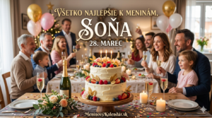 <img src="prianie-sona-28-marec.jpg" 
     alt="Slávnostná dvojposchodová torta s ovocím a sviečkami na oslave menín pre meno Soňa, dátum 28. Marec, s rodinnou atmosférou v pozadí a odkazom MeninovýKalendár.sk" 
     title="Prianie k meninám - Soňa 28. Marec">
