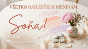 <img src="sona-meniny.jpg" 
     alt="Elegantné ženské blahoželanie k meninám pre Soňu na 28. marec v jemných ružových a pastelových tónoch s pivonkou vo váze, perlami a logom MeninovýKalendár.sk" 
     title="Blahoželanie pre Soňu">
