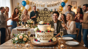<img src="prianie-benjamin-31-marec.jpg" 
     alt="Slávnostná dvojposchodová torta s ovocím a ružami na oslave menín pre meno Benjamín dňa 31. Marca, so skupinou priateľov a rodiny v pozadí a odkazom MeninovýKalendár.sk" 
     title="Prianie k meninám - Benjamín 31. Marec">
