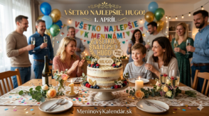 <img src="prianie-k-meninam-hugo.png" alt="Oslava menín pre chlapca menom Hugo. Skupina usmievavých ľudí sedí a stojí okolo prestretého stola s krásne zdobenou tortou, ktorá má drevený topper s nápisom 'VŠETKO NAJLEPŠIE, HUGO!' a 'MENINY 1. APRÍL'. V pozadí sú balóny a rozsvietené girlandy.">