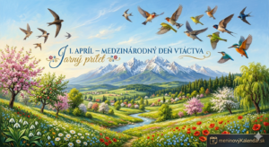 <img src="cesta-k-vasmu-obrazku.jpg" 
     alt="Umelecká ilustrácia slovenskej jarnej krajiny k Medzinárodnému dňu vtáctva. Na kvitnúcej lúke s potokom v popredí, kvitnúcimi čerešňami a vŕbou sa týčia majestátne zasnežené štíty Vysokých Tatier. Na modrej oblohe letí kŕdeľ pestrofarebných sťahovavých vtákov, vrátane lastovičiek a rybárika. V strede je nápis: 1. APRÍL – MEDZINÁRODNÝ DEŇ VTÁCTVA a ozdobný text Jarný prílet. V pravom dolnom rohu je logo meninovýKalendár.sk a ikonka kalendára." 
     title="Jarný prílet – Medzinárodný deň vtáctva">
