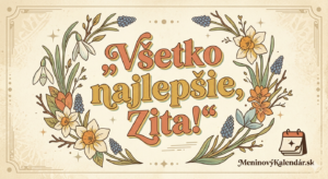 <img src="pohladnica-zita-retro.jpg" alt="Retro digitálna pohľadnica k meninám pre Zitu. Na krémovom pozadí s ozdobným rámom sú ilustrácie jarných kvetov, ako narcisy a snežienky. V strede dominuje štýlový nápis 'Všetko najlepšie, Zita!' v retro oranžových a žltých farbách. V pravom dolnom rohu je logo MeninovýKalendár.sk.">