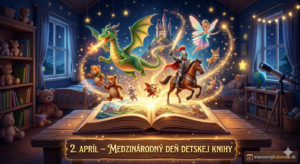 <img src="cesta-k-vasmu-obrazku.jpg"
     alt="Čarovná vizualizácia Otvorenej knihy k Medzinárodnému dňu detskej knihy. Na drevenom stole v detskej izbe leží otvorená kniha, z ktorej v žiari hviezdneho prachu vystupujú 3D postavičky: zelený drak chrliač oheň, rytier na koni, víla, plyšové medvedíky a zajačiky. V pozadí je útulná izba s poličkami plnými hračiek a ďalekohľadom. Na spodnej drevenej lište je nápis: 2. APRÍL – MEDZINÁRODNÝ DEŇ DETSKEJ KNIHY. V pravom dolnom rohu je logo meninovýKalendár.sk."
     title="Medzinárodný deň detskej knihy - Magický svet rozprávok">
