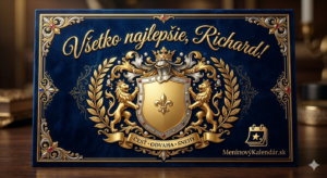 <img src="image_30.png" alt="Luxusná modro-zlatá ozdobná tabuľka v štýle knihy položená na tmavom drevenom stole. Navrchu je elegantný zlatý nápis: „Všetko najlepšie, Richard!“. V strede dominuje veľký heraldický erb s korunou, zložitými barokovými zlatými a striebornými ornamentmi a dvoma zlatými revúcimi levmi. Levy držia štít so zlatým poľom, ústrednou ľaliou (fleur-de-lis) a drahokamami. Pod erbom je stužka s textom: „ČESŤ • ODVAHA • SNEHY“. V rozostrenom pozadí je vidieť luxusnú študovňu s kandeláprom a knihou. V pravom dolnom rohu je malá ikona kalendára so hviezdou a text „MeninovýKalendár.sk“.">

