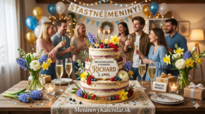 <img src="prianie-richard-3-april.jpg" 
     alt="Slávnostná dvojposchodová torta zdobená ovocím a jarnými kvetmi k meninám pre meno Richard, dátum 3. apríl, v pozadí oslava s priateľmi, balóny a odkaz MeninovýKalendár.sk" 
     title="Prianie k meninám - Richard 3. apríl">
