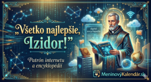 <img src="pohladnica-izidor.jpg"
alt="Digitálna pohľadnica pre Izidora v unikátnom štýle spájajúcom históriu a technológie. Na obrázku je postava učenca (sv. Izidora) v zdobenom rúchu, ktorý drží otvorenú knihu Etymologiae. Pozadie tvorí moderný digitálny svet s motívmi serverov, binárneho kódu, Wi-Fi symbolov a súhvezdí. Dominantný svietiaci nápis hovorí: 'Všetko najlepšie, Izidor!' s podnadpisom 'Patrón internetu a encyklopédií'. V pravom dolnom rohu je logo MeninovýKalendár.sk.">