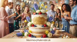 <img src="prianie-izidor-4-april.jpg"
alt="Detailná dvojposchodová torta zdobená jahodami, čučoriedkami a jarnými kvetmi s nápisom Izidor 4. apríl, v pozadí rozostrená oslava s priateľmi a nápis MeninovýKalendár.sk"
title="Prianie k meninám - Izidor 4. apríl">
