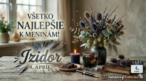 <img src="meninove-prianie-izidor.jpg" alt="Štýlové meninové blahoželanie pre Izidora na 4. apríl. Elegantná kompozícia v tmavších mužských tónoch s kyticou bodliakov, pohárom drinku, čokoládou a logom meninovyKalendar.sk" title="Blahoželanie k meninám - Izidor">