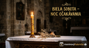 <img src="cesta-k-vasmu-obrazku.jpg" 
     alt="Atmosférický a umelecký flatlay Svetla v tme k Bielej sobote. V popredí v prítmí starobylého chrámu horí osamotená vysoká svieca – Paškál, ktorej plameň osvetľuje rozkvitnuté bahniatka a biely obrus na oltári. Nad ním je biely ozdobný nápis: BIELA SOBOTA – NOC OČAKÁVANIA. V pravom dolnom rohu je biele logo meninovýKalendár.sk s ikonou kalendára." 
     title="Biela sobota – Noc očakávania">
