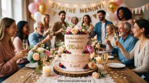 <img src="prianie-mirka-5-april.jpg"
alt="Elegantná ružová dvojposchodová torta zdobená čerstvými kvetmi a ovocím s nápisom Všetko najlepšie k meninám Mirka 5. apríl, v pozadí veselá skupina ľudí na oslave a odkaz MeninovýKalendár.sk"
title="Prianie k meninám - Mirka 5. apríl">