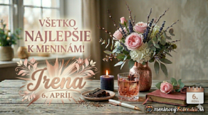 <img src="meninove-prianie-irena.jpg" alt="Štýlové meninové blahoželanie pre Irenu na 6. apríl. Elegantná ženská kompozícia v jemných ružových tónoch s kyticou ruží, pohárom drinku, sviečkou a logom meninovyKalendar.sk" title="Blahoželanie k meninám - Irena">