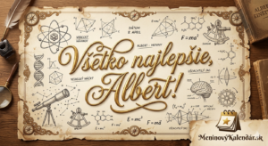 <img src="pohladnica-albert.jpg"
alt="Digitálna pohľadnica pre Alberta v štýle starobylého vedeckého náčrtu na pergamene. V strede dominuje elegantný zlatý nápis 'Všetko najlepšie, Albert!' doplnený dátumom 8. apríl. Pergamen je pokrytý vedeckými ilustráciami ako model atómu, DNA špirála, teleskop, mozog a fyzikálne vzorce vrátane E=mc². Okolo sú položené dobové predmety: brko s atramentom, lupa a staré knihy. V pravom dolnom rohu je logo MeninovýKalendár.sk.">