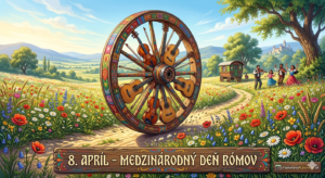 <img src="medzinarodny-den-romov.jpg" 
     alt="Umelecká vizualizácia rómskeho kolesa kotúľajúceho sa po rozkvitnutej lúke: lúče kolesa tvoria husle a gitary, v pozadí je maringotka a tancujúci ľudia, nápis 8. apríl – Medzinárodný deň Rómov a logo meninovýKalendár.sk" 
     title="8. apríl – Medzinárodný deň Rómov">
