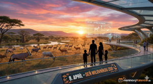 <img src="den-milovnikov-zoo.jpg" 
     alt="Moderná vizualizácia ZOO budúcnosti ku Dňu milovníkov ZOO: v popredí je silueta rodiny sledujúcej stádo antilop (pripomínajúce priamorožce) z futuristického preskleného chodníka pri západe slnka, nad výbehom lietajú holografické vzdelávacie panely, nápis 8. apríl – Deň milovníkov ZOO a logo meninovýKalendár.sk" 
     title="8. apríl – Deň milovníkov ZOO">
