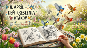 <img src="den-kreslenia-vtakov.jpg"
alt="Umelecká vizualizácia ku Dňu kreslenia vtákov: z otvoreného skicára na drevenom stole vyletujú čiernobiele náčrty vtákov a menia sa na živé, farebné spevavce v rozkvitnutej jarnej záhrade, nápis 8. apríl – Deň kreslenia vtákov a logo meninovýKalendár.sk"
title="8. apríl – Deň kreslenia vtákov">