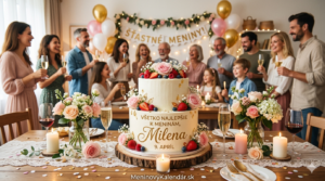 <img src="prianie-milena-9-april.jpg"
alt="Elegantná biela dvojposchodová torta zdobená jahodami a ružovými kvetmi s nápisom Všetko najlepšie k meninám, Milena 9. apríl, v pozadí oslavujúca rodina pri prestretom stole a odkaz MeninovýKalendár.sk"
title="Prianie k meninám - Milena 9. apríl">