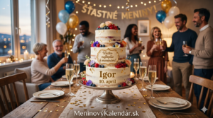 <img src="prianie-igor-10-april.jpg"
alt="Impozantná trojposchodová torta s nápisom Všetko najlepšie k meninám! Igor 10. apríl, zdobená ovocím a kvetmi, v pozadí veselá oslava s priateľmi, balónmi a odkaz MeninovýKalendár.sk"
title="Prianie k meninám - Igor 10. apríl">
