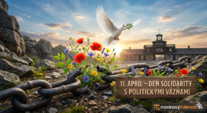 <img src="den-solidarity-politicki-vazni.jpg"
alt="Symbolická vizualizácia Zlomených reťazí: z rozbitých ohniviek ťažkej väzenskej reťaze vyrastajú jarné kvety, nad ktorými letí biela holubica mieru s olivovou ratolesťou. V pozadí je silueta brány koncentračného tábora Buchenwald pri západe slnka, nápis 11. apríl – Deň solidarity s politickými väzňami a logo meninovýKalendár.sk"
title="11. apríl – Deň solidarity s politickými väzňami">