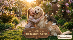 <img src="den-domacich-zvierat.jpg"
alt="Realistická vizualizácia Veľkého objatia ku Dňu domácich zvierat: dieťa (dievčatko) v záhrade s rozkvitnutými kvetmi objíma veľkého huňatého psa (zlatého retrievera) a na jeho chrbte spokojne sedí pruhovaná mačka, všetko v teplom svetle zapadajúceho slnka, nápis 11. apríl – Deň domácich zvierat a logo meninovýKalendár.sk"
title="11. apríl – Deň domácich zvierat">