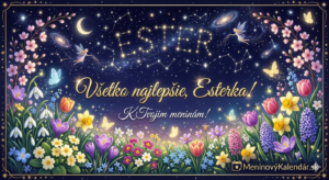 <img src="pohladnica-esterka.jpg" alt="Rozprávková digitálna pohľadnica pre Esterku. Hornú časť tvorí tmavomodrá nočná obloha s mesiacom, galaxiami a hviezdami, ktoré sú usporiadané do mena 'ESTER'. Medzi hviezdami lietajú jemné víly a svietiace motýle. Uprostred je elegantný zlatý nápis 'Všetko najlepšie, Esterka!' a pod ním 'K Tvojim meninám!'. Spodnú časť vypĺňa bohatá lúka rozkvitnutých jarných kvetov vrátane tulipánov, narcisov a krokusov. V pravom dolnom rohu sa nachádza logo MeninovýKalendár.sk."> 