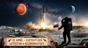 <img src="nová-éra.jpg"
alt="Majestátna vizualizácia Novej éry ku Svetovému dňu letectva a kozmonautiky: moderná raketa Starship štartuje zo základne na Mesiaci smerom k jasne žiariacemu Marsu, pričom v popredí je silueta astronauta so slovenskou vlajkou na skafandri, s nápisom 12. apríl – Svetový deň letectva a kozmonautiky a logom meninovýKalendár.sk"
title="12. apríl – Svetový deň letectva a kozmonautiky">