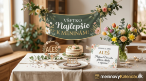 <img src="cesta-k-obrazku.jpg"
alt="Elegantné blahoželanie k meninám pre meno Aleš, 13. apríl. Sviatočne prestretý stôl s tortou, kvetmi a nápisom Všetko najlepšie. V dolnom rohu je logo meninovýKalendár.sk."
style="width:100%; height:auto;">
